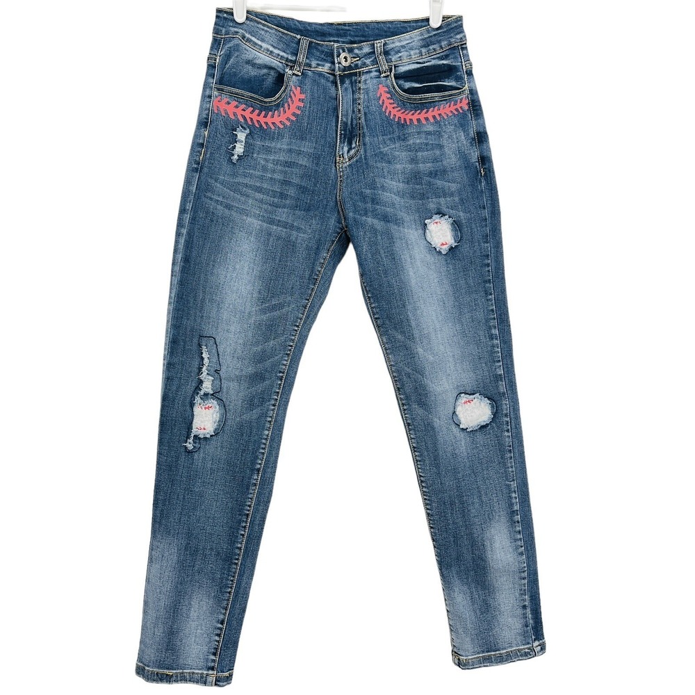MSTW Men's Jeans Size S (28x30)‎ Distressed Skinny Mid Rise Denim Blue/Red